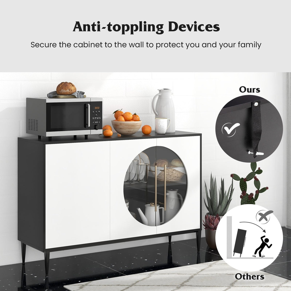 Sideboard Cabinet with Tempered Glass Door for Living Room Dining Room Kitchen-White view 9
