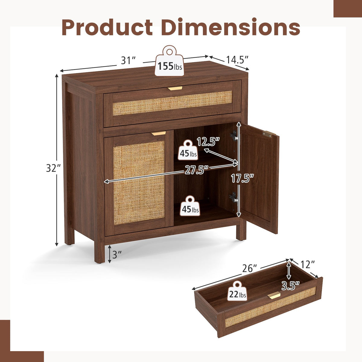 Sideboard Storage Cabinet with Rattan Doors and Drawer-Brown view 5
