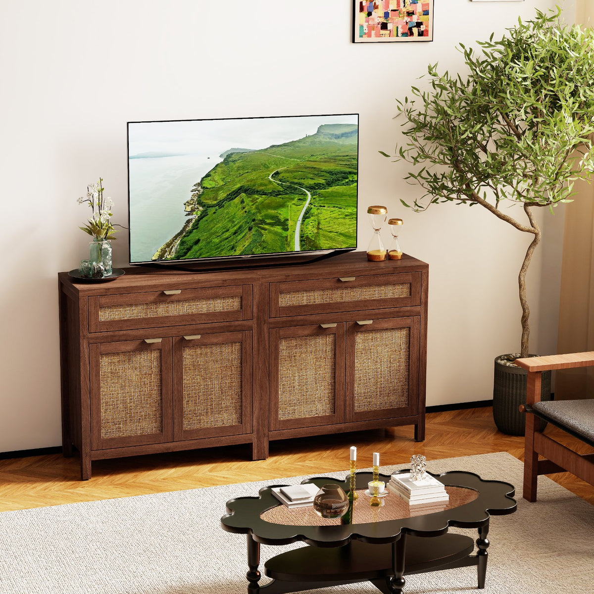 Sideboard Storage Cabinet with Rattan Doors and Drawer-Brown view 6