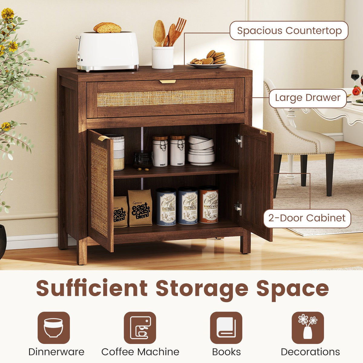 Sideboard Storage Cabinet with Rattan Doors and Drawer-Brown view 7