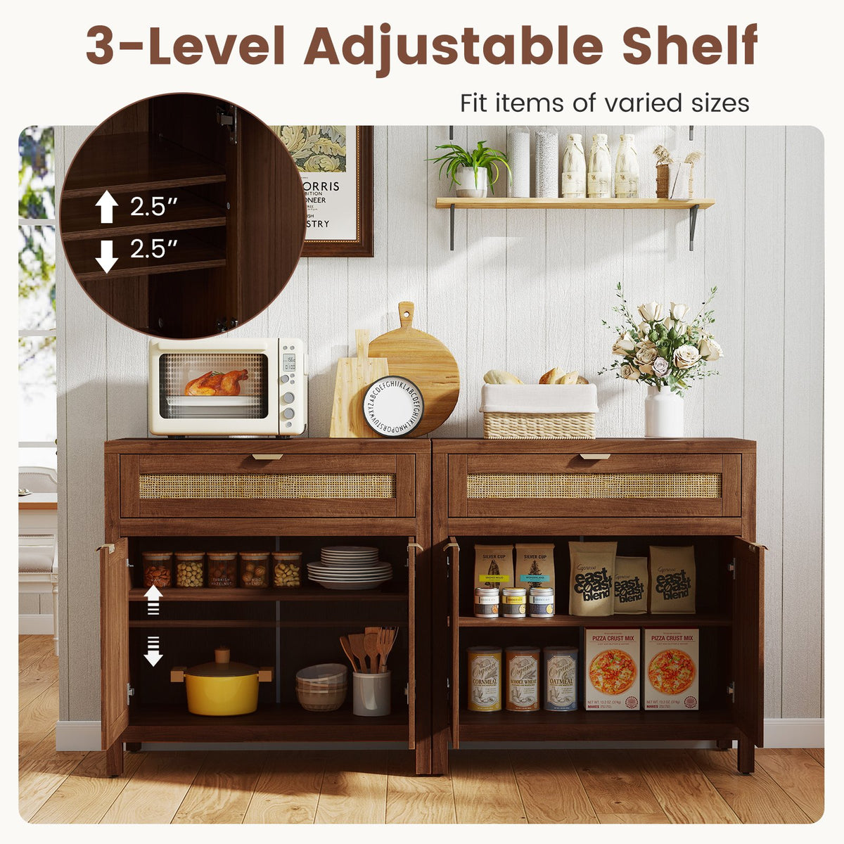 Sideboard Storage Cabinet with Rattan Doors and Drawer-Brown view 8