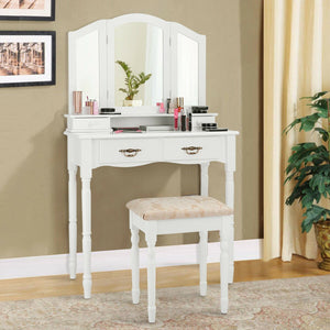 Simple Vanity Set with Tri-Folding Mirror Drawers and Storage Shelf-White view 2