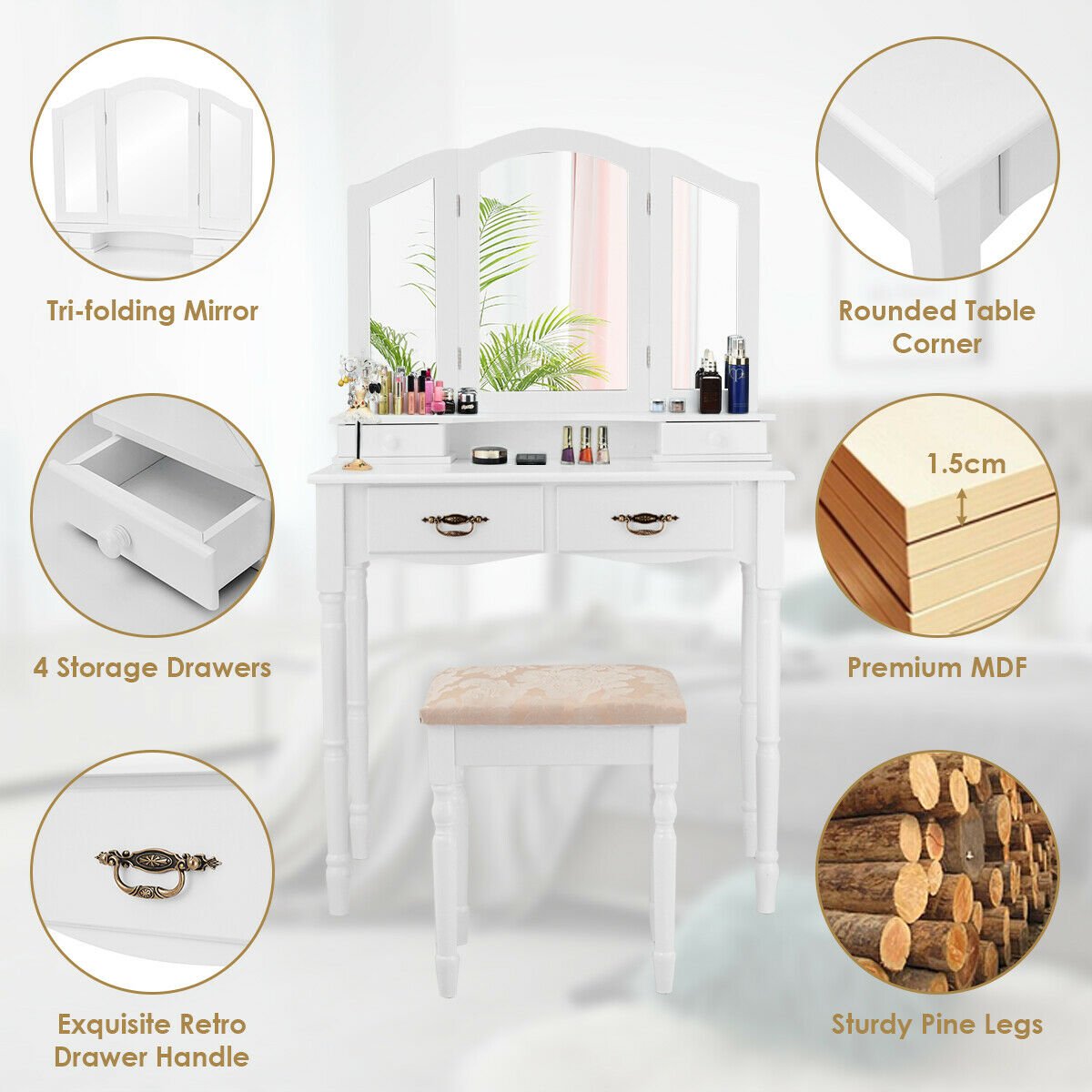 Simple Vanity Set with Tri-Folding Mirror Drawers and Storage Shelf-White view 3