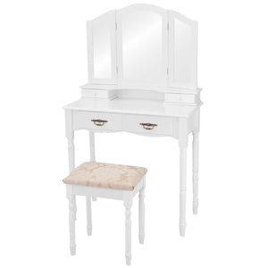 Simple Vanity Set with Tri-Folding Mirror Drawers and Storage Shelf-White view 4