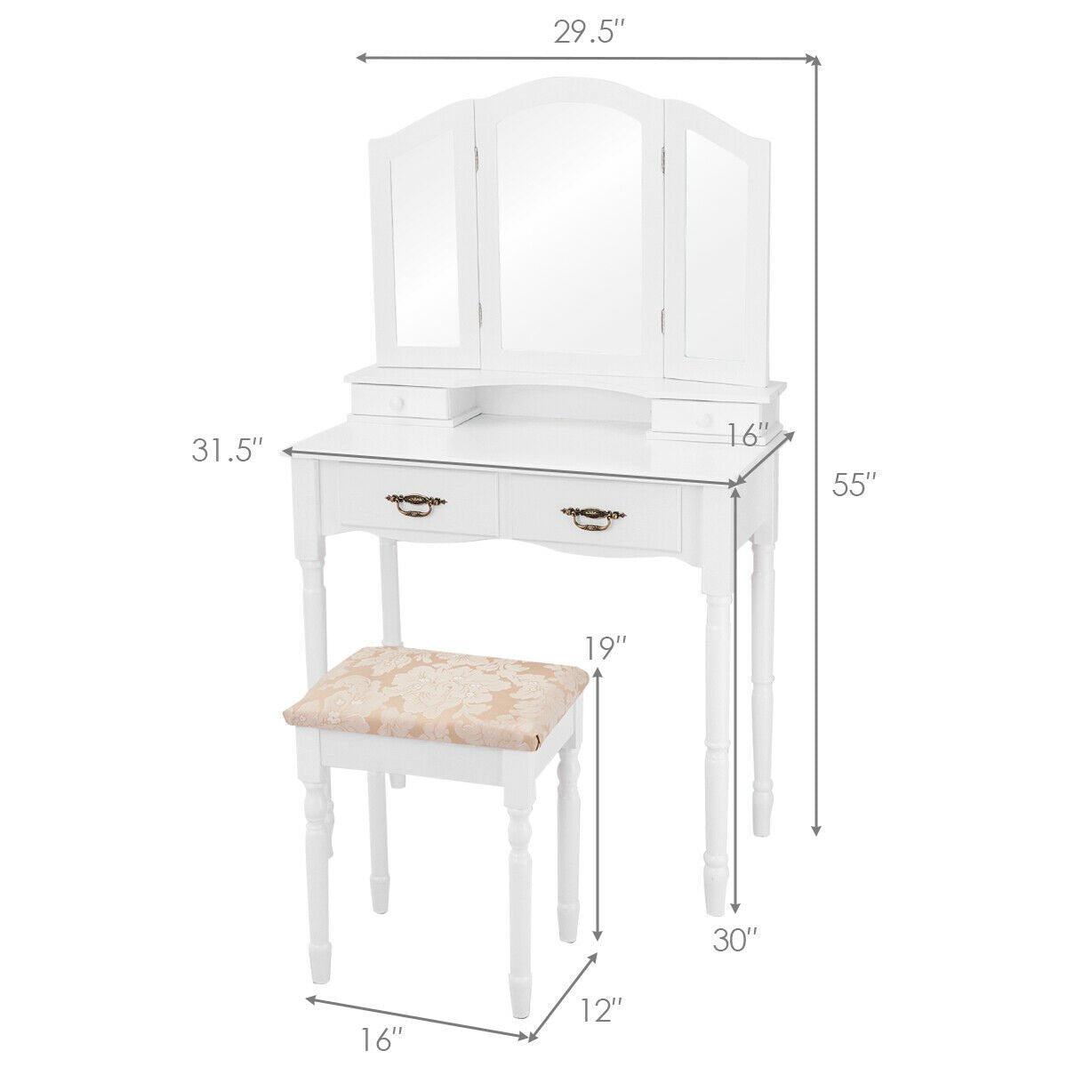 Simple Vanity Set with Tri-Folding Mirror Drawers and Storage Shelf-White view 5