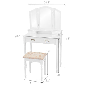 Simple Vanity Set with Tri-Folding Mirror Drawers and Storage Shelf-White view 5