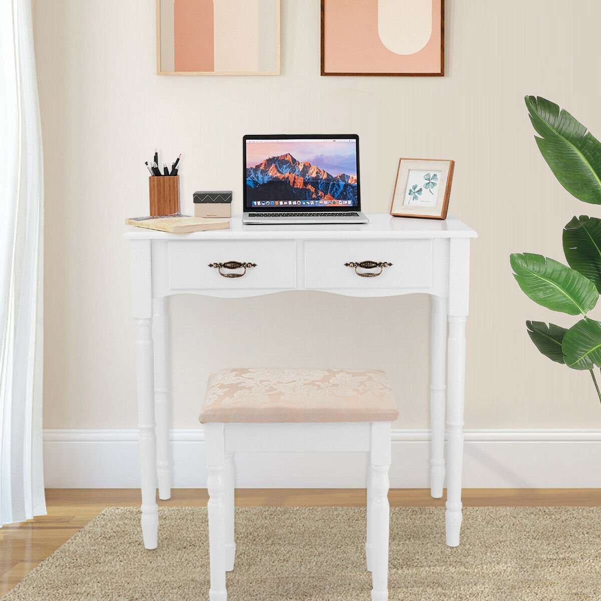 Simple Vanity Set with Tri-Folding Mirror Drawers and Storage Shelf-White view 6