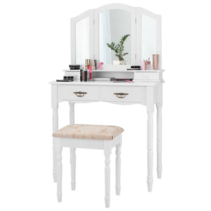 Simple Vanity Set with Tri-Folding Mirror Drawers and Storage Shelf-White view 7