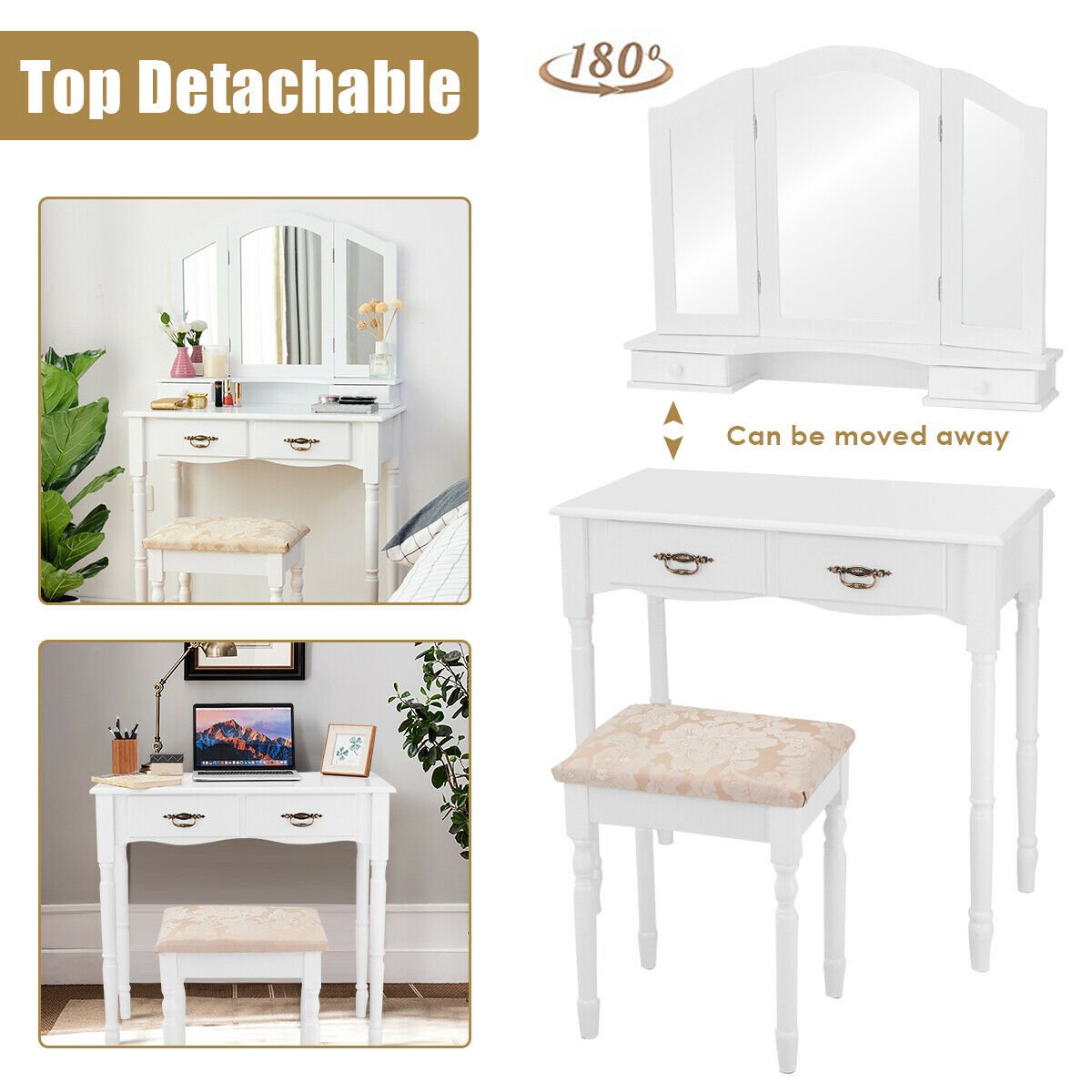 Simple Vanity Set with Tri-Folding Mirror Drawers and Storage Shelf-White view 9