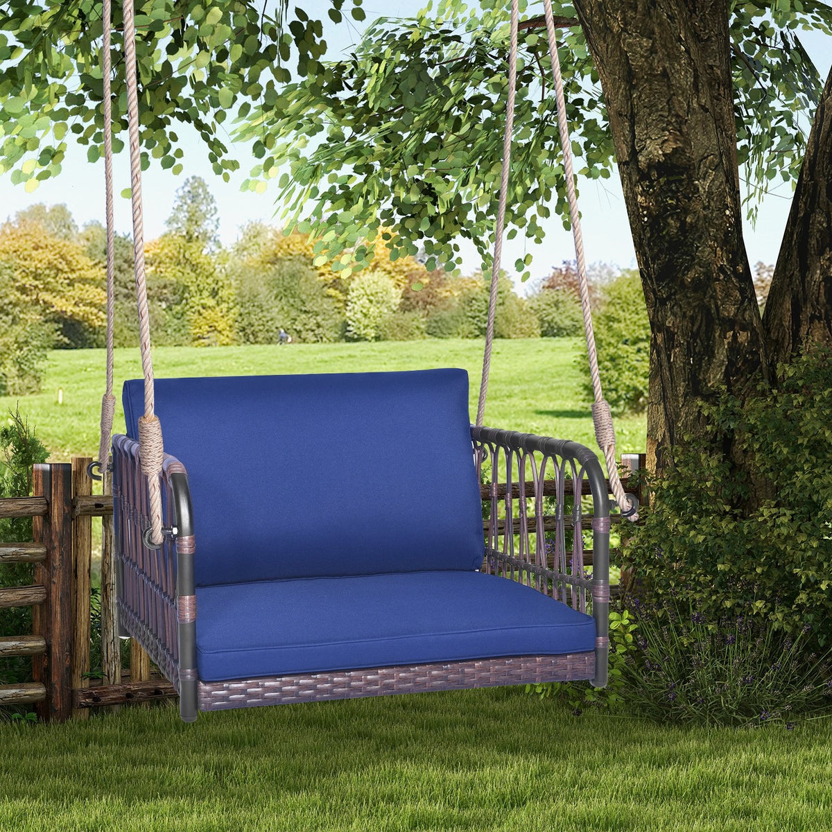 Single Person Hanging Seat with Seat and Back Cushions-Navy view 2