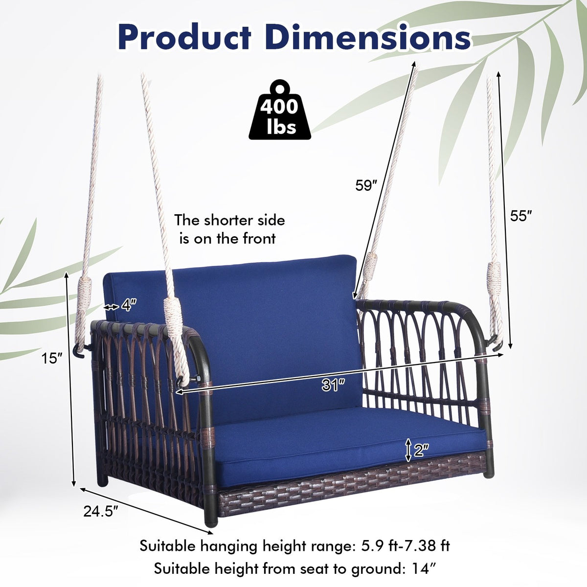 Single Person Hanging Seat with Seat and Back Cushions-Navy view 5