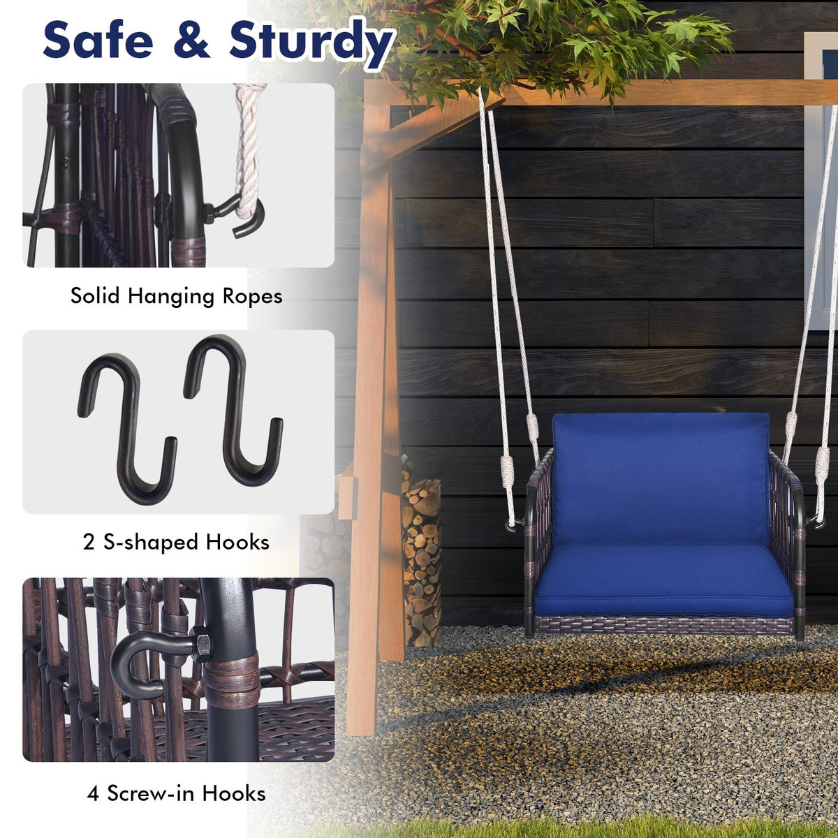 Single Person Hanging Seat with Seat and Back Cushions-Navy view 7