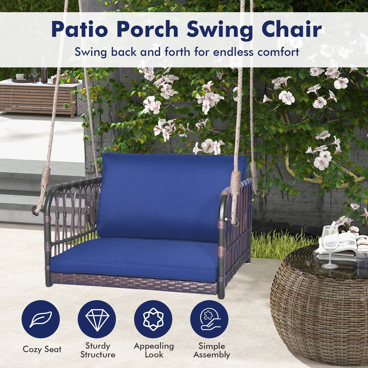 Single Person Hanging Seat with Seat and Back Cushions-Navy view 8