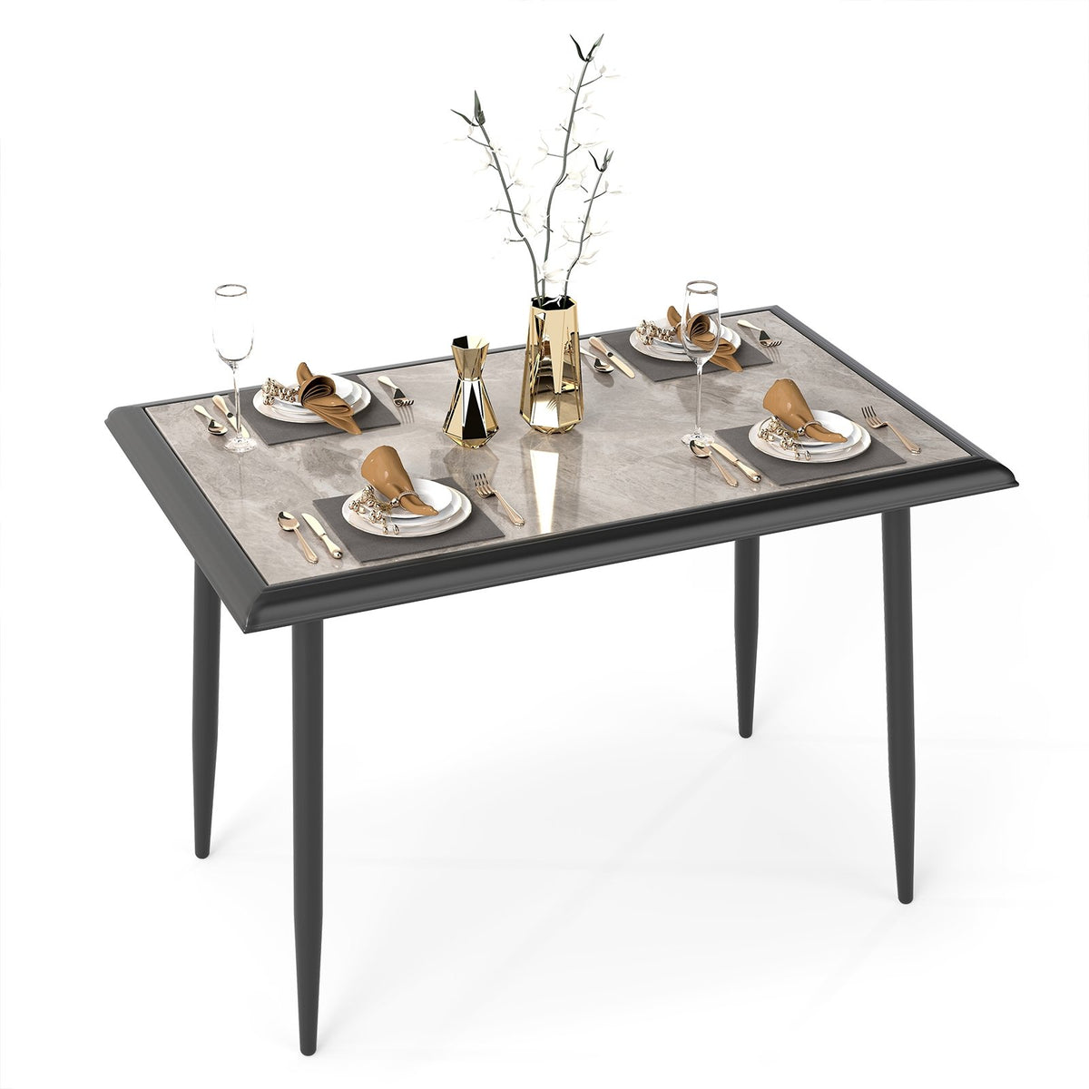 Sintered Stone Dining Table 44 inches Rectangular Kitchen Table with Metal Frame Indoor Modern Breakfast Table for Living Room Dining Room-Golden view 4