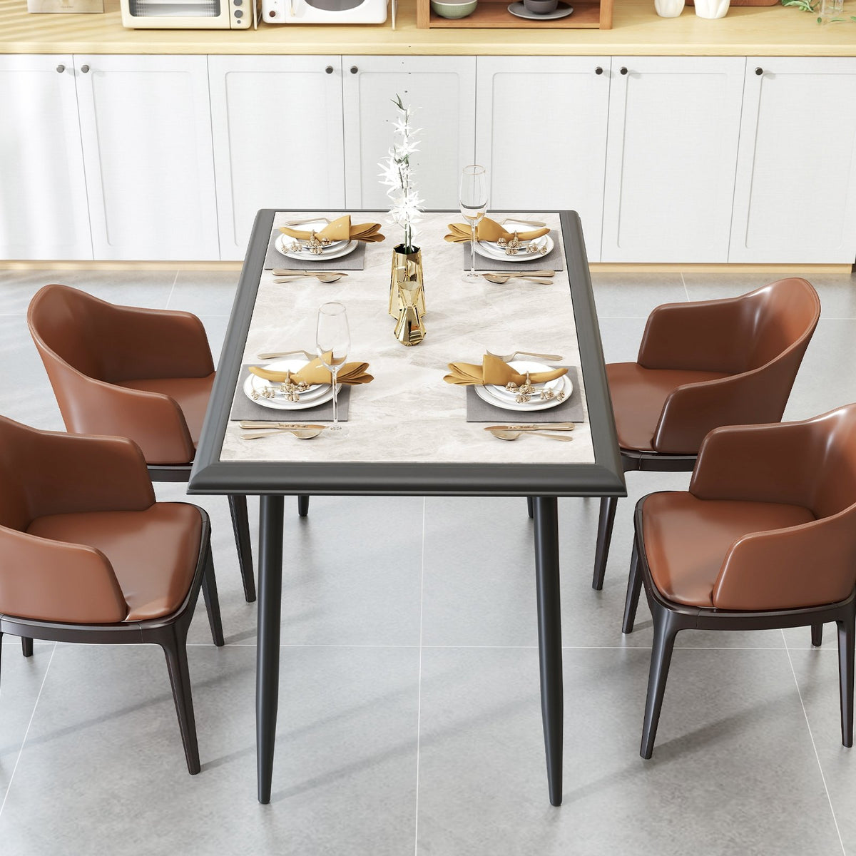 Sintered Stone Dining Table 44 inches Rectangular Kitchen Table with Metal Frame Indoor Modern Breakfast Table for Living Room Dining Room-Golden view 6