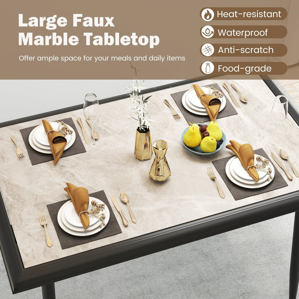 Sintered Stone Dining Table 44 inches Rectangular Kitchen Table with Metal Frame Indoor Modern Breakfast Table for Living Room Dining Room-Golden view 7