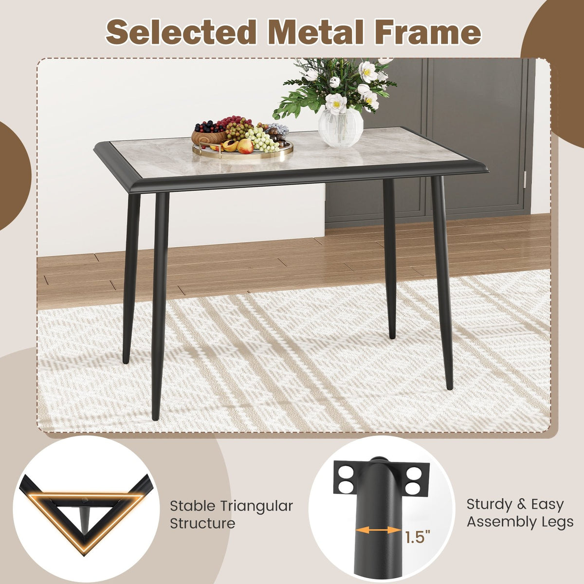 Sintered Stone Dining Table 44 inches Rectangular Kitchen Table with Metal Frame Indoor Modern Breakfast Table for Living Room Dining Room-Golden view 8