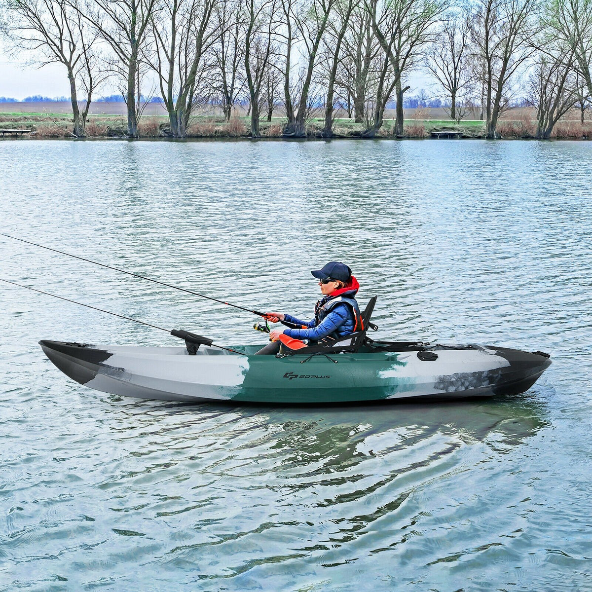 Sit-on-Top Fishing Kayak Boat With Fishing Rod Holders and Paddle-Gray view 2