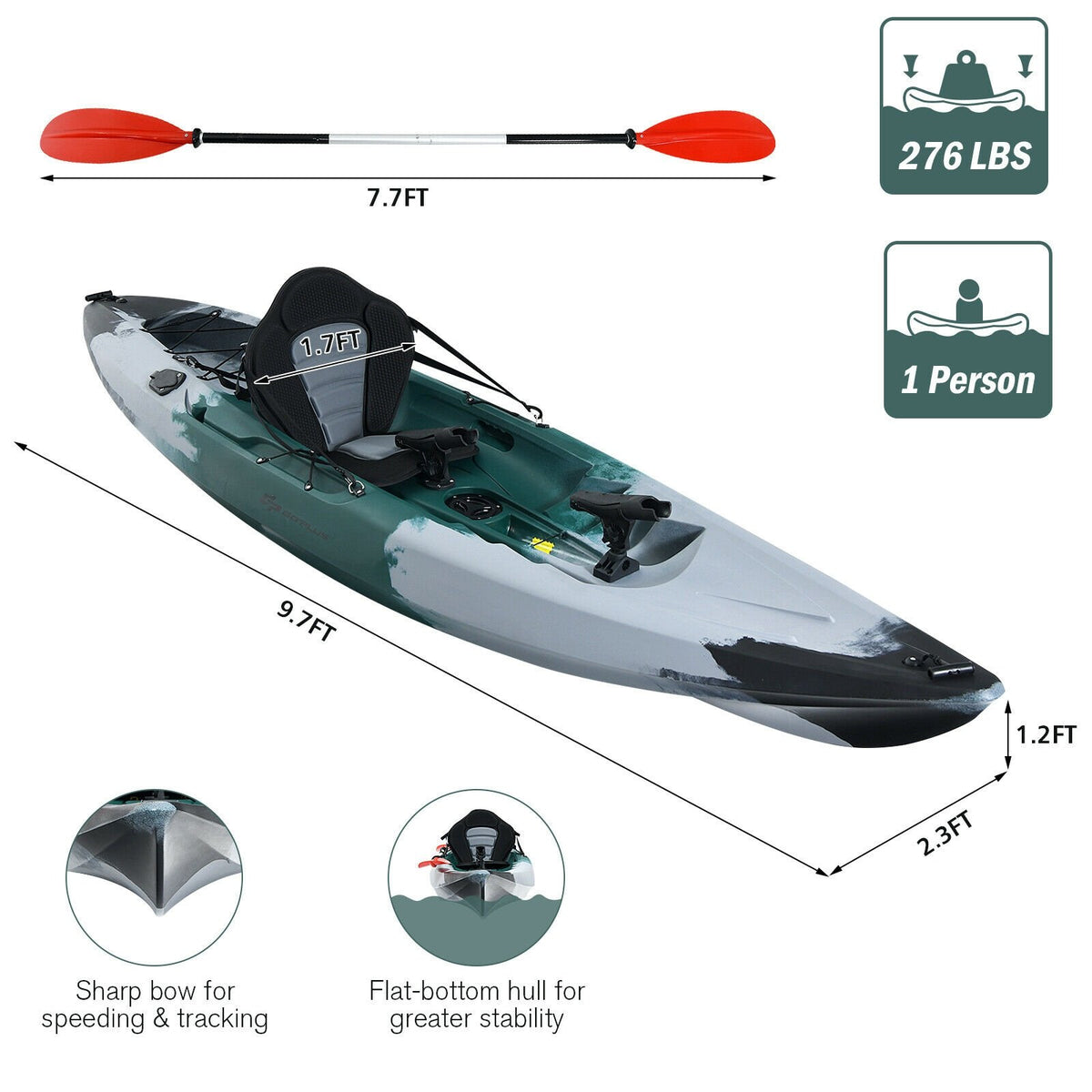 Sit-on-Top Fishing Kayak Boat With Fishing Rod Holders and Paddle-Gray view 4