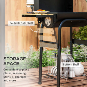 Charcoal Barbecue Grill, BBQ with Thermometer, Shelves and Wheels, Black