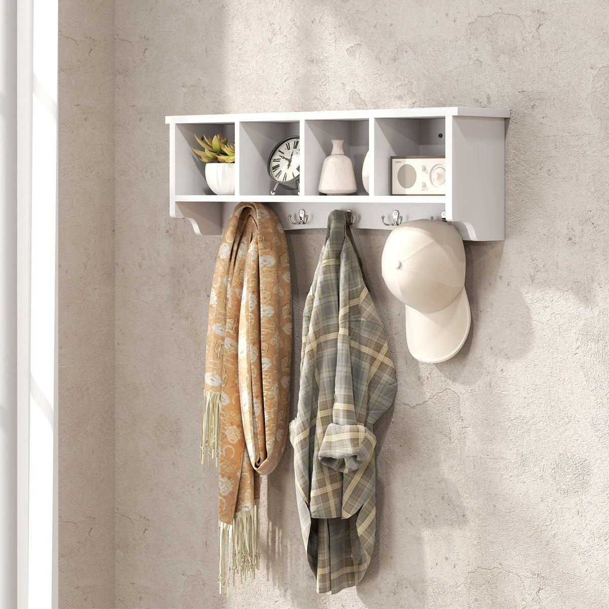 Coat Rack Wall Mount with Shelf, 28" Wall Coat Rack with 5 Hooks and 4 Compartments for Living Room – view 12