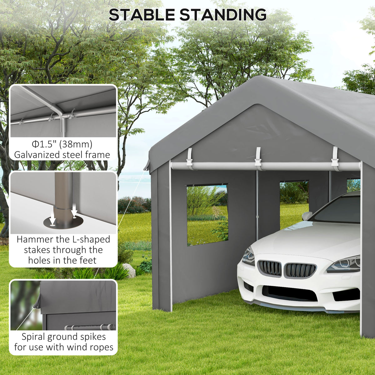 10' x 20' Carport, Heavy Duty Portable Garage with 6 Mesh Windows and 2 Doors, Dark Grey – view 13