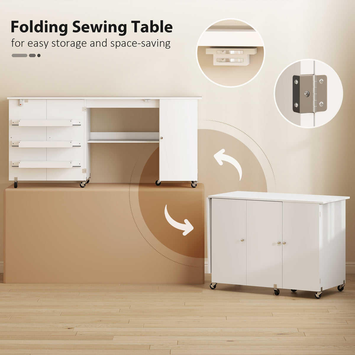 Sewing Machine Table with Drop Leaf, Folding Craft Table with 2 Doors and Adjustable Shelf for Small Spaces, Brown