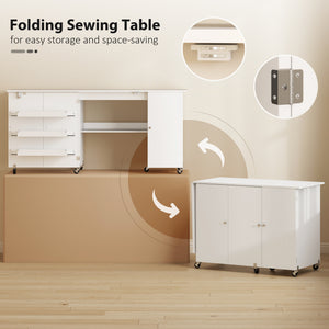 Sewing Machine Table with Drop Leaf, Folding Craft Table with 2 Doors and Adjustable Shelf for Small Spaces, Brown