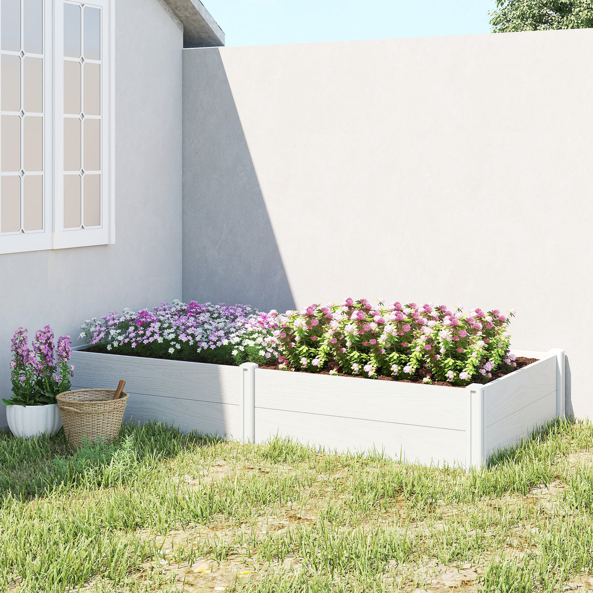 Vinyl Raised Garden Bed Kit, 6.5 x 2 x 1ft Elevated Garden Box with Divider and Open Bottom, Grey Wood Effect