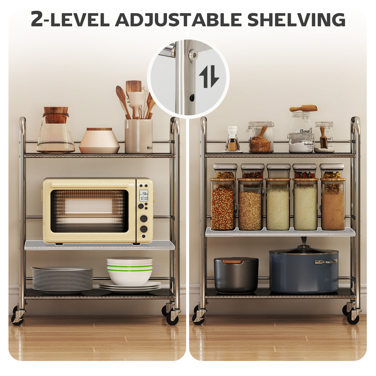 3 Tier Stainless Steel Rolling Cart with Adjustable Shelf, Utility Cart on Wheels with Handles for Kitchen – view 4