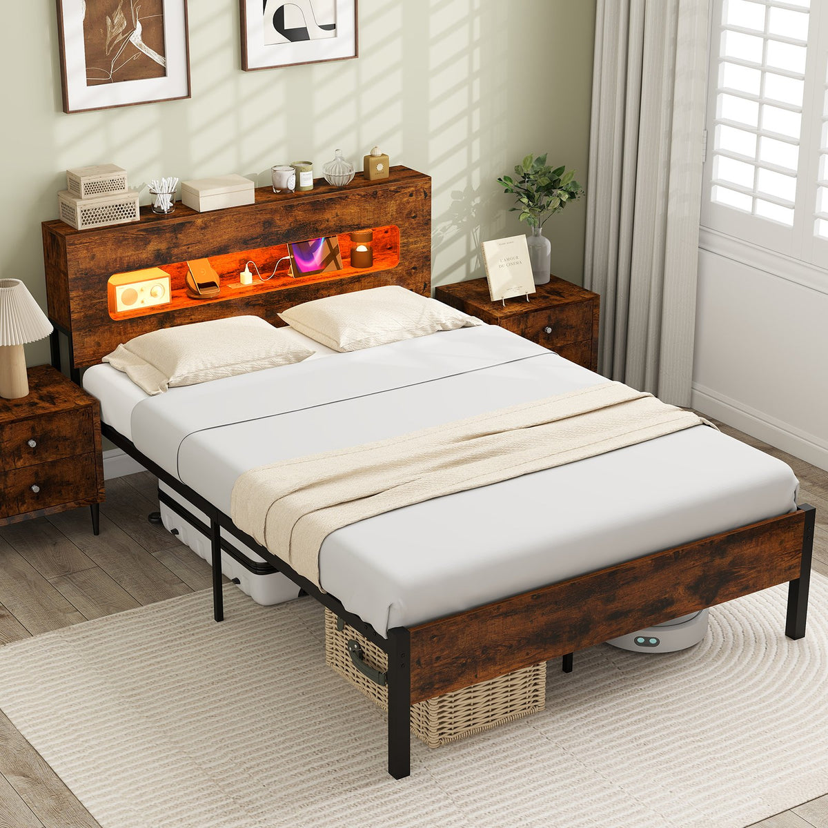 Slatted Full Bed Frame with LED Lights and Storage Headboard No Box Spring Needed-Full Size view 2