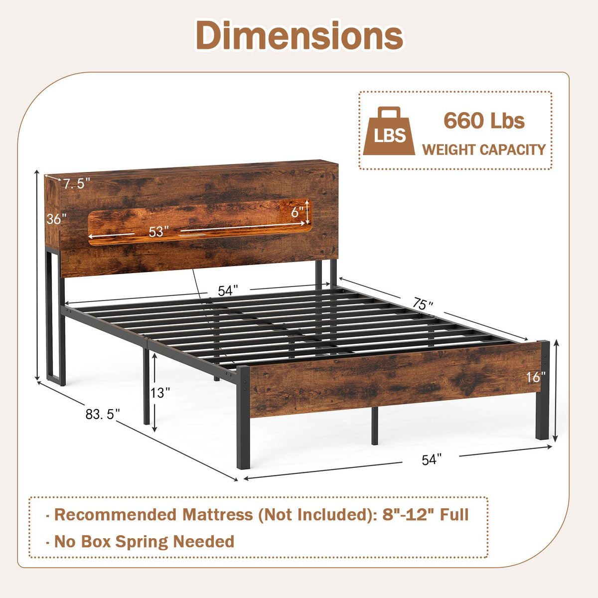Slatted Full Bed Frame with LED Lights and Storage Headboard No Box Spring Needed-Full Size view 3