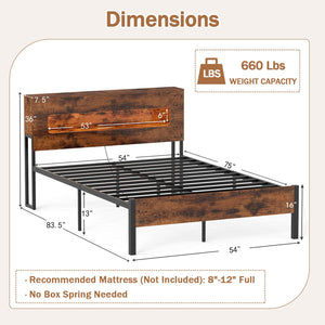 Slatted Full Bed Frame with LED Lights and Storage Headboard No Box Spring Needed-Full Size view 3