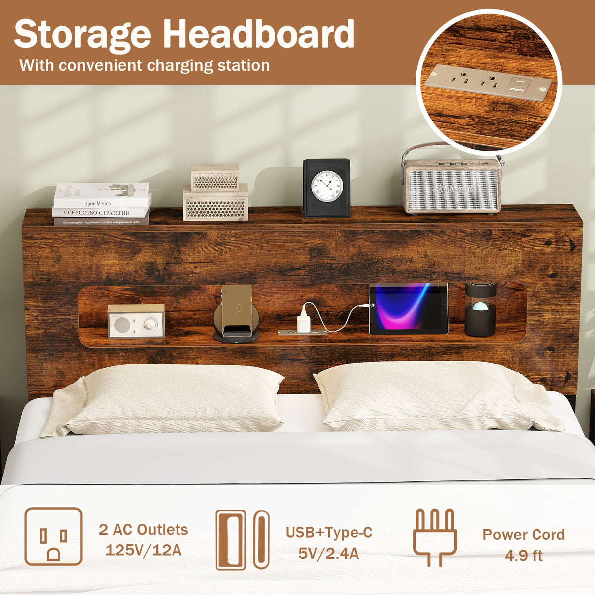 Slatted Full Bed Frame with LED Lights and Storage Headboard No Box Spring Needed-Full Size view 4