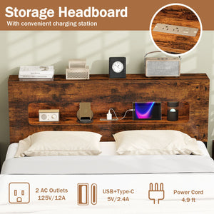 Slatted Full Bed Frame with LED Lights and Storage Headboard No Box Spring Needed-Full Size view 4