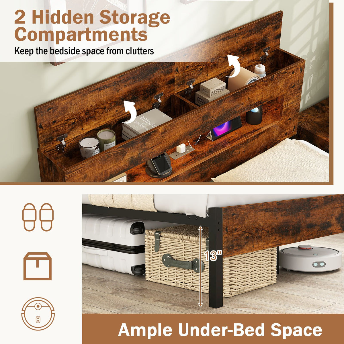 Slatted Full Bed Frame with LED Lights and Storage Headboard No Box Spring Needed-Full Size view 5
