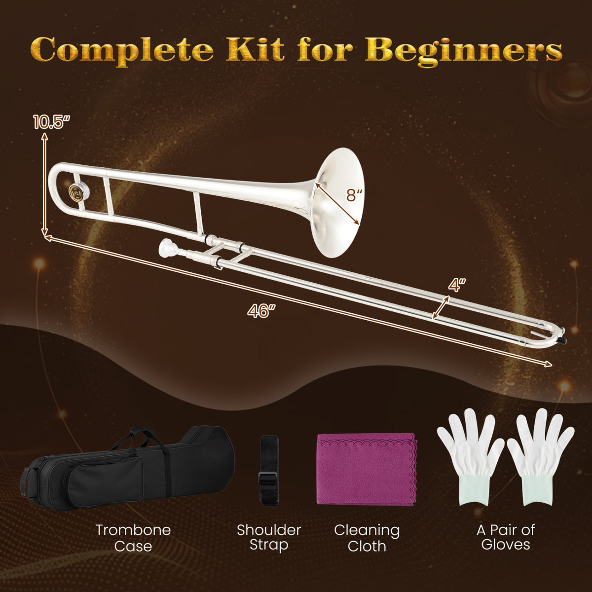 Slide Trombone for Beginners with Portable Case and Shoulder Strap-Silver view 6
