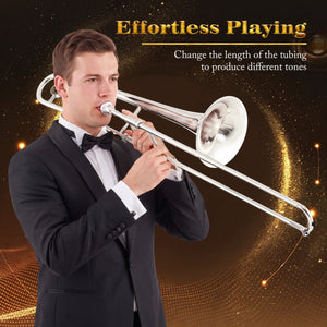 Slide Trombone for Beginners with Portable Case and Shoulder Strap-Silver view 8