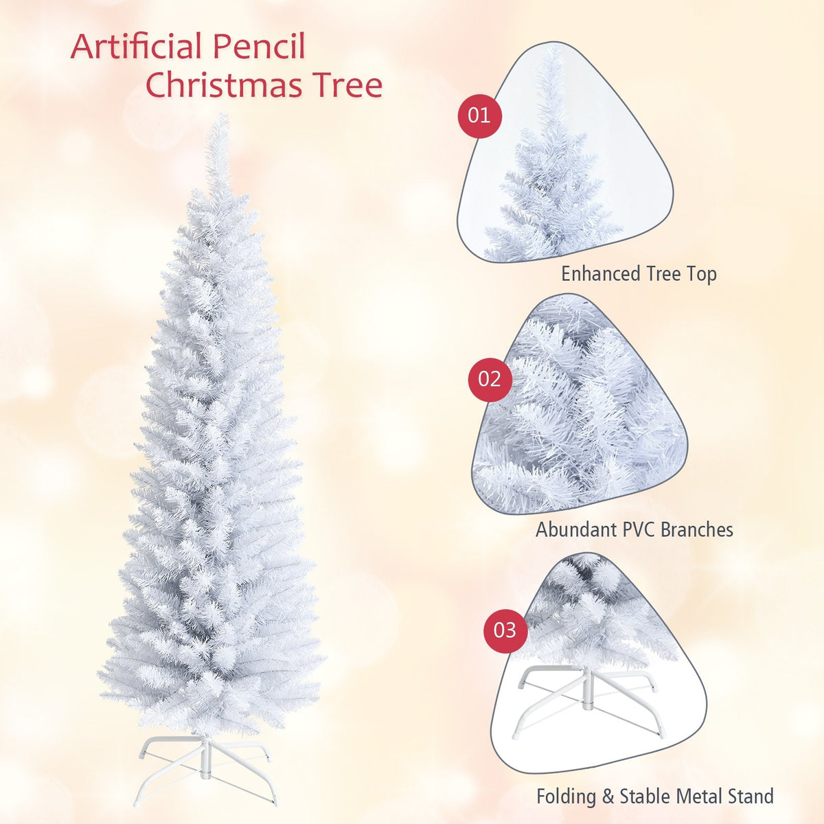 Slim Artificial Christmas Pencil Tree with PVC Needles and Folding Metal Stand-5' view 5