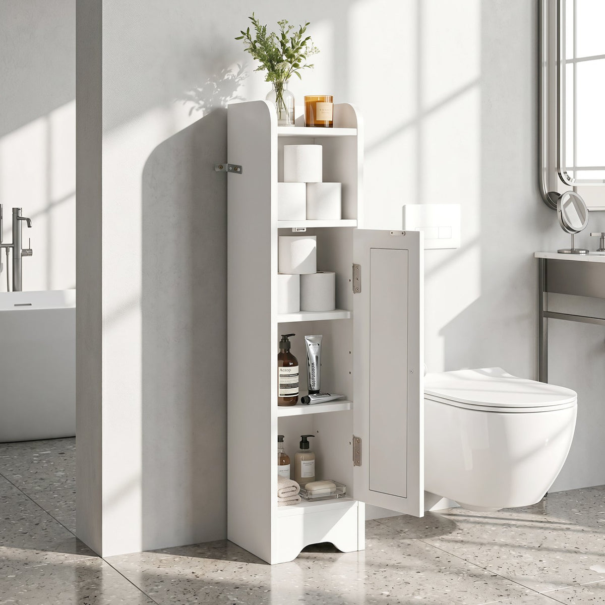 Slim Bathroom Cabinet Corner with 1 Door and Adjustable Shelves-White view 3