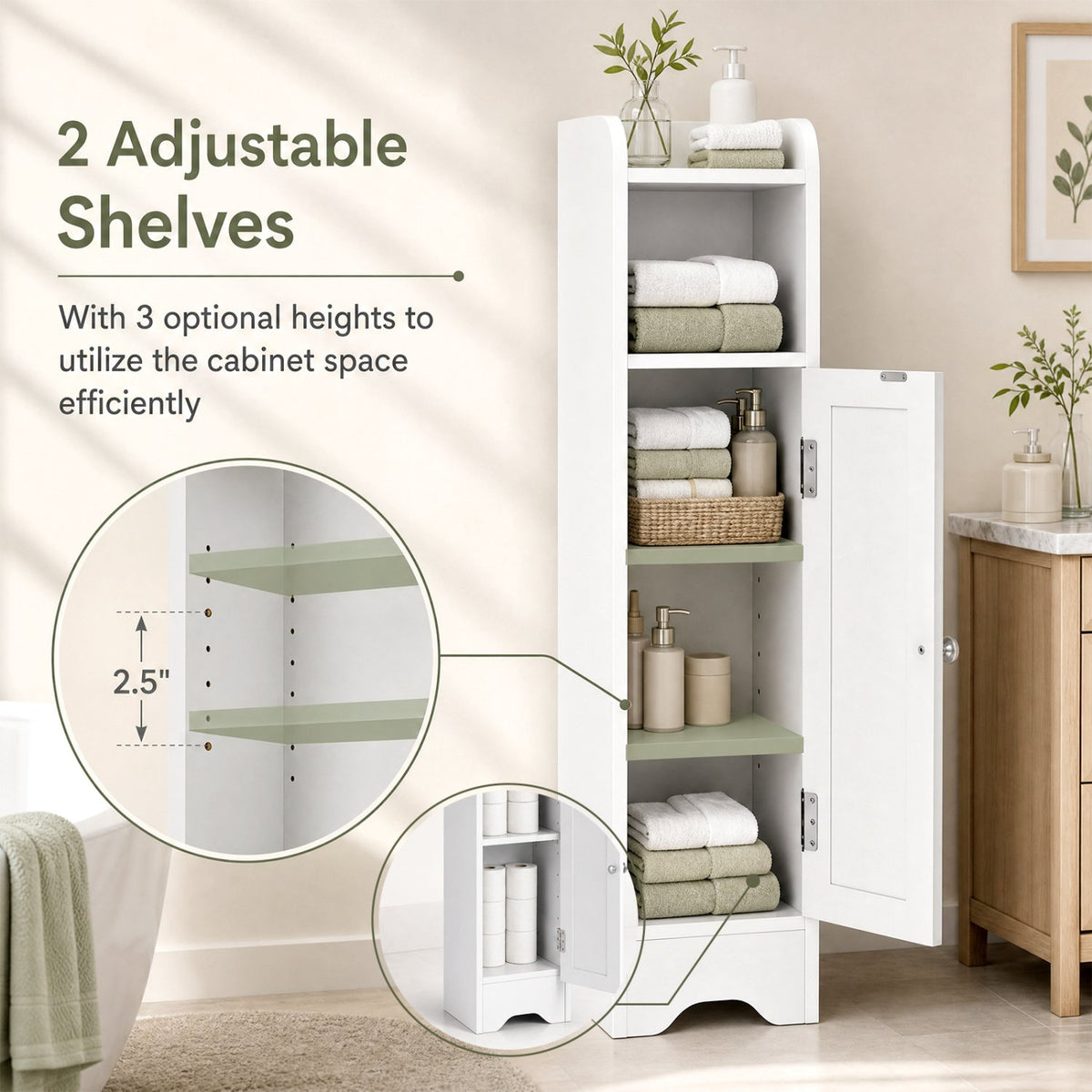 Slim Bathroom Cabinet Corner with 1 Door and Adjustable Shelves-White view 8