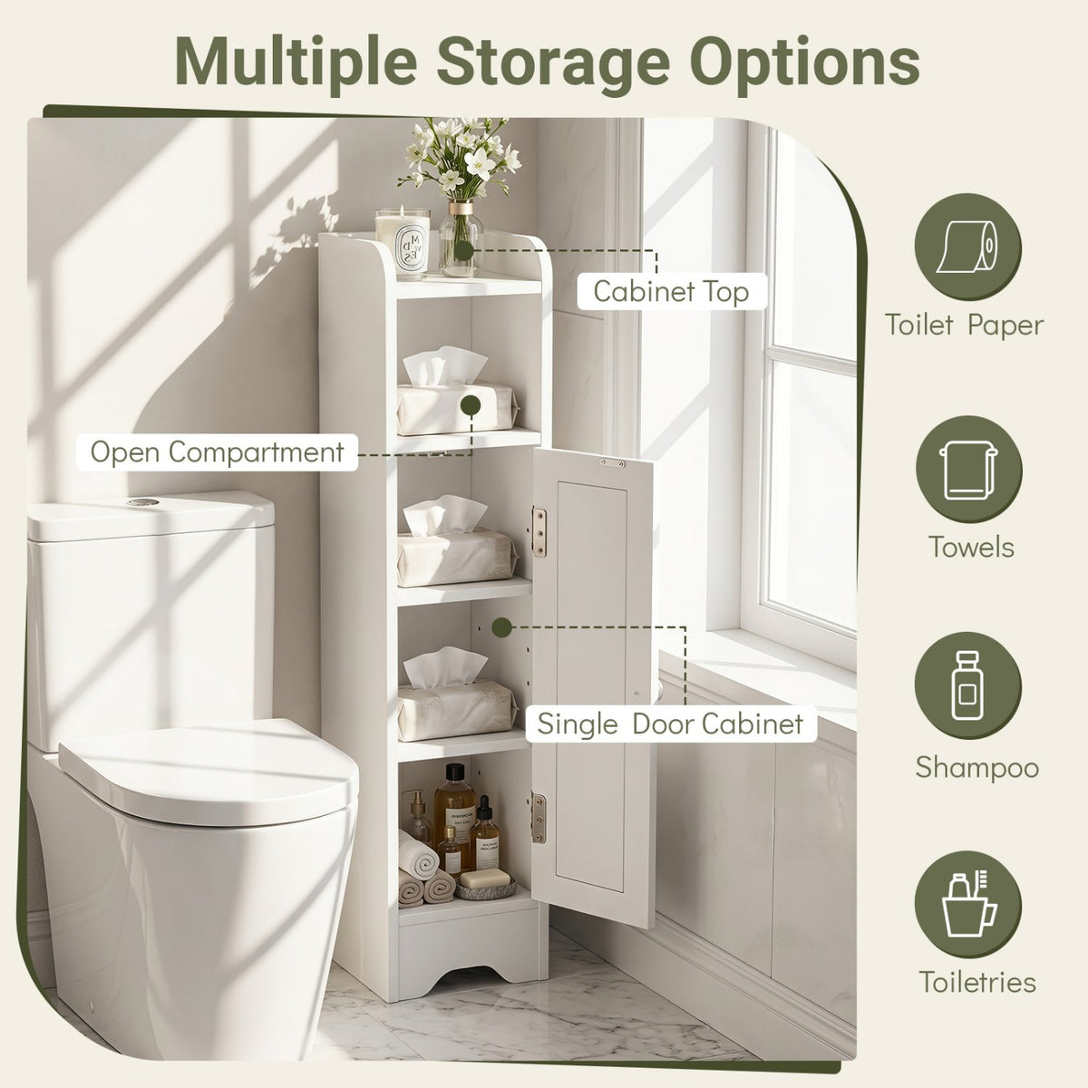 Slim Bathroom Cabinet Corner with 1 Door and Adjustable Shelves-White view 9