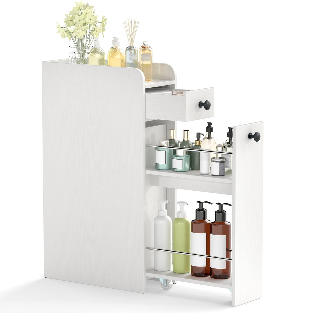 Small Bathroom Storage Cabinet 4-Tier with Slide Out Drawers on Casters-White