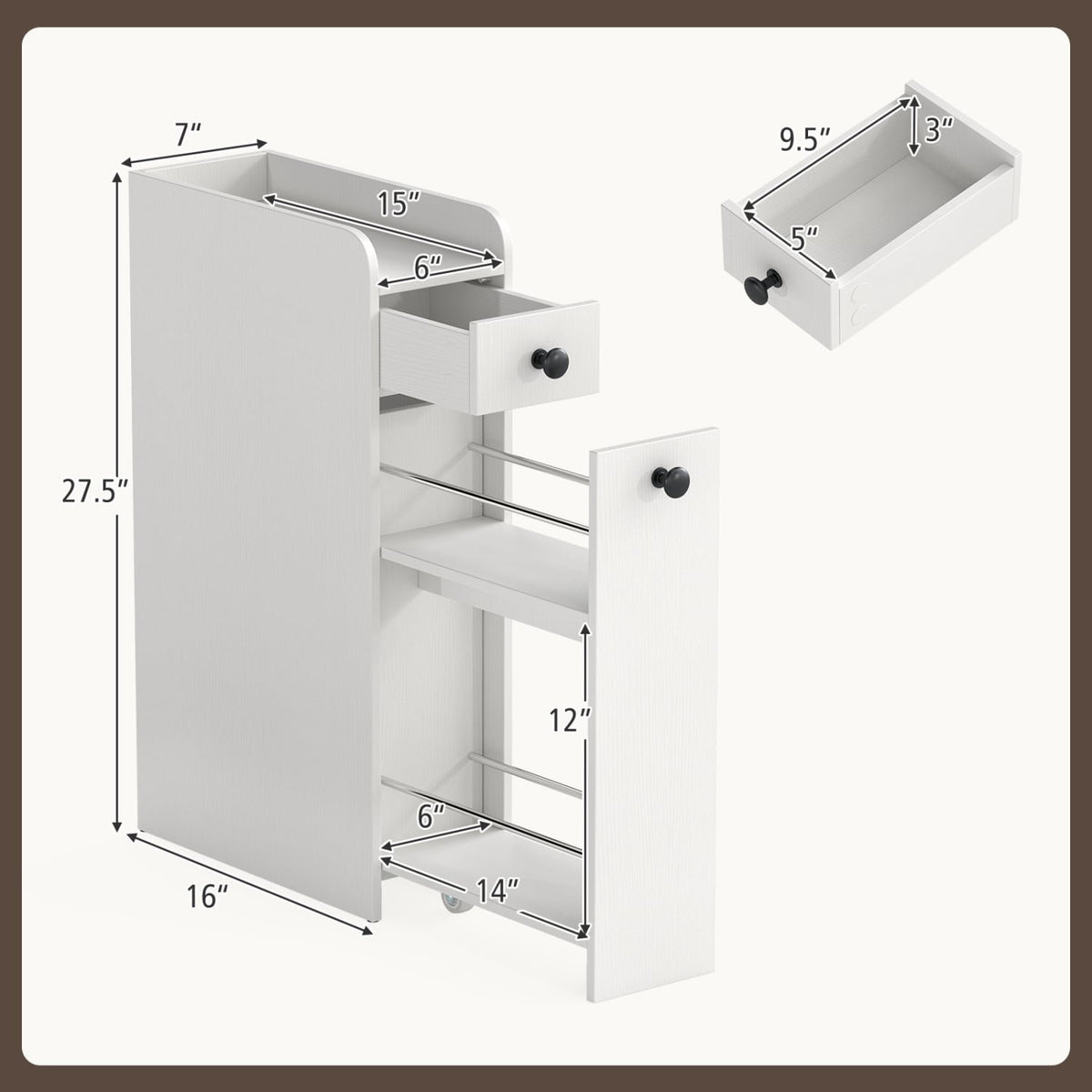 Small Bathroom Storage Cabinet 4-Tier with Slide Out Drawers on Casters-White view 5