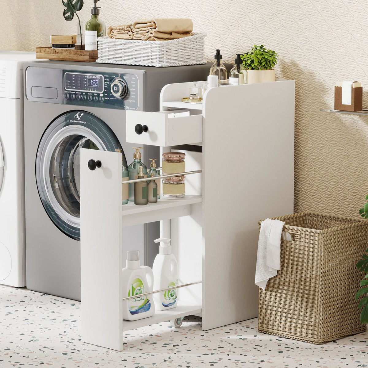 Small Bathroom Storage Cabinet 4-Tier with Slide Out Drawers on Casters-White view 6