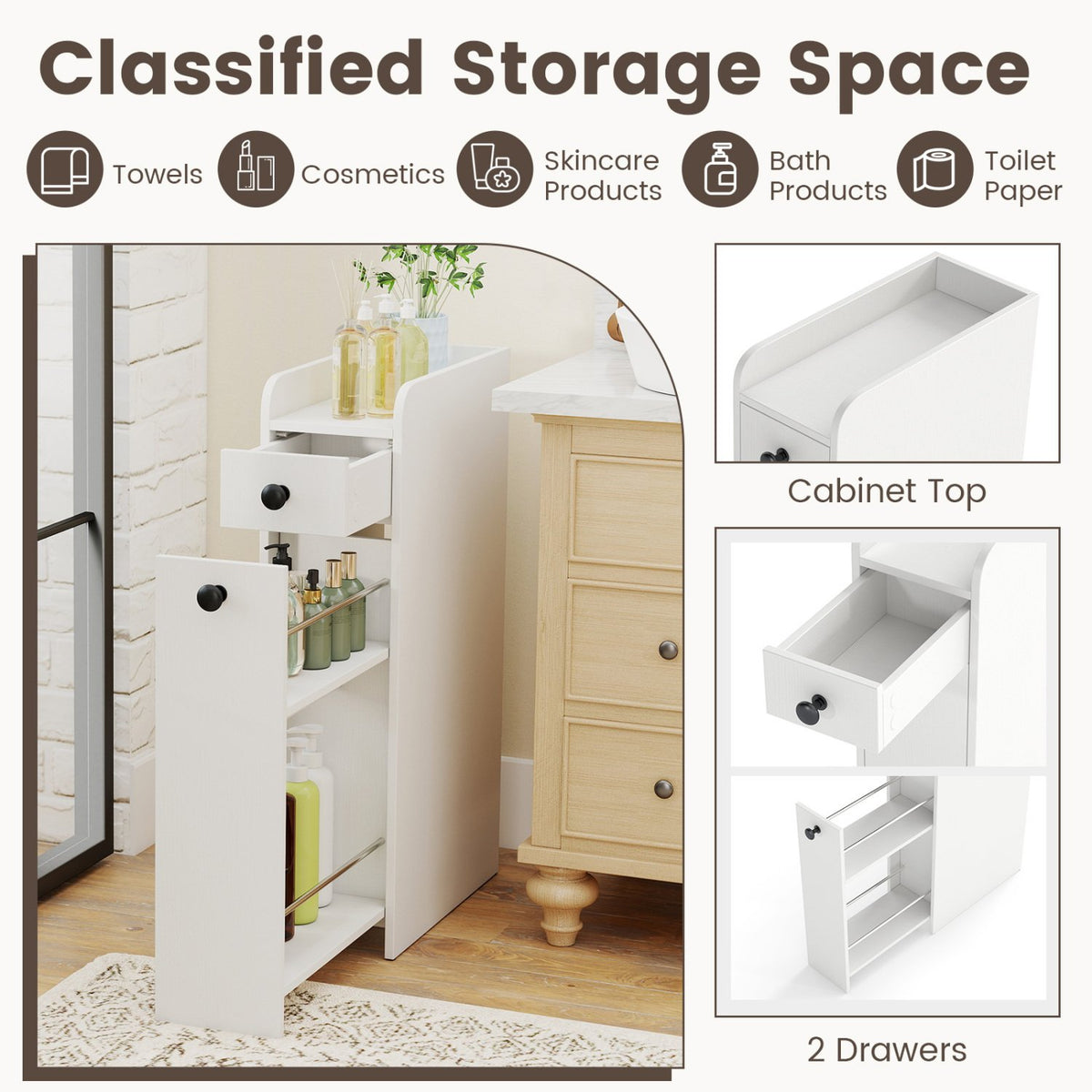Small Bathroom Storage Cabinet 4-Tier with Slide Out Drawers on Casters-White view 8