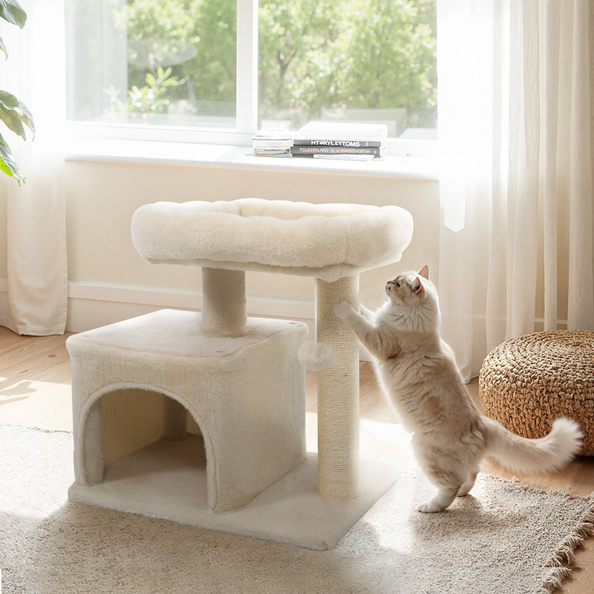 Small Cat Tree with Large Padded Plush Perch for Indoor Cats-Beige view 2