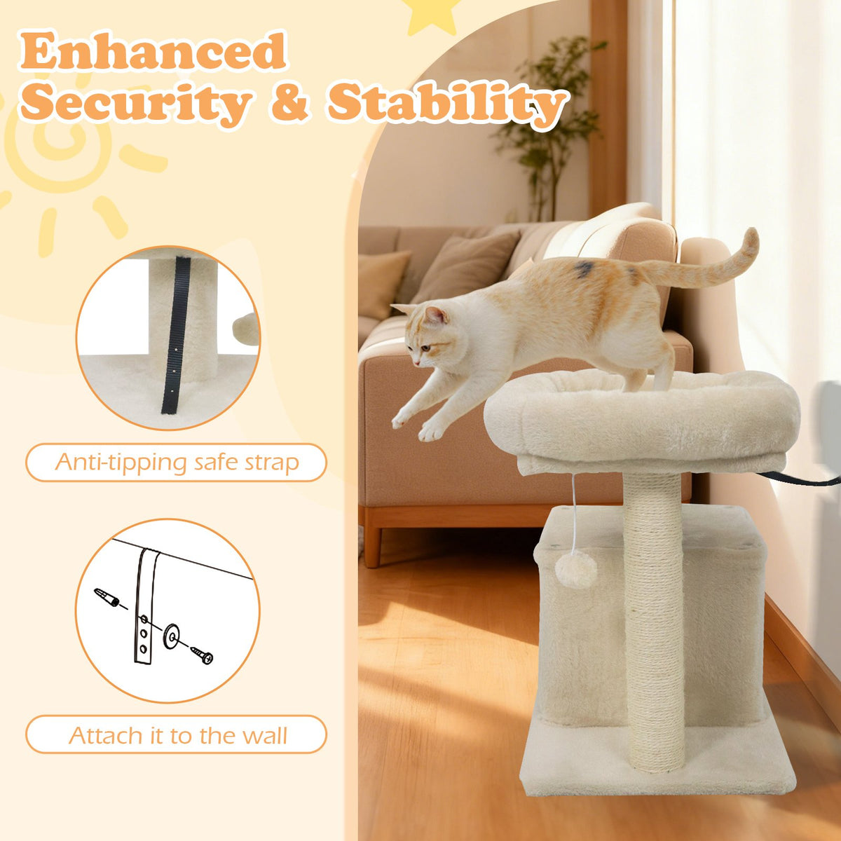 Small Cat Tree with Large Padded Plush Perch for Indoor Cats-Beige view 7