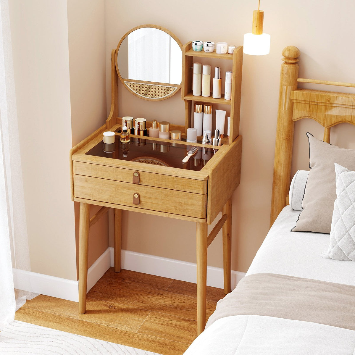 Small Vanity Desk 23.5 Inch Compact Makeup Table with Mirror-Natural view 2