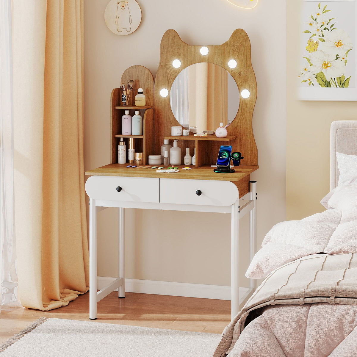 Small Vanity Desk with Mirror and Lights Cute Kitty Makeup Table with Power Outlets-Natural view 2